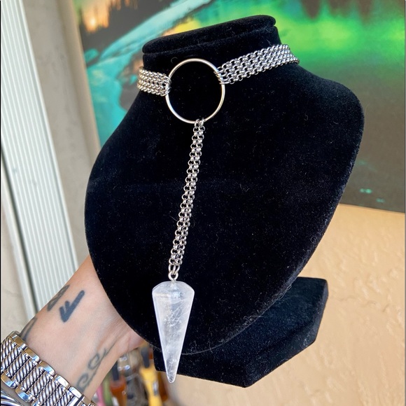 Crystal quartz necklace . Lariat Y shape crystal quartz pendulum choker boho gem - Picture 7 of 13